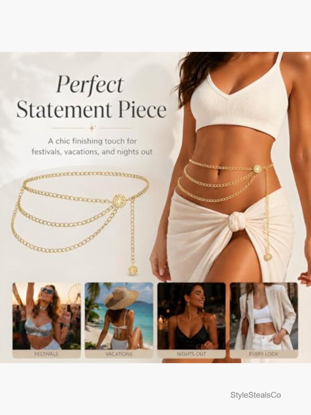 Multilayer Metal Waist Chain Belt, Adjustable Chain Belts for Dress, Snag-Free - Picture 3 of 7